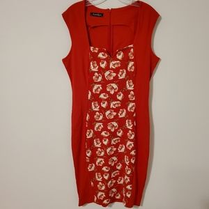Aamikast Stretch Red W/ Floral Print Cap Sleeve Sheat Dress Notched Neck Size XL